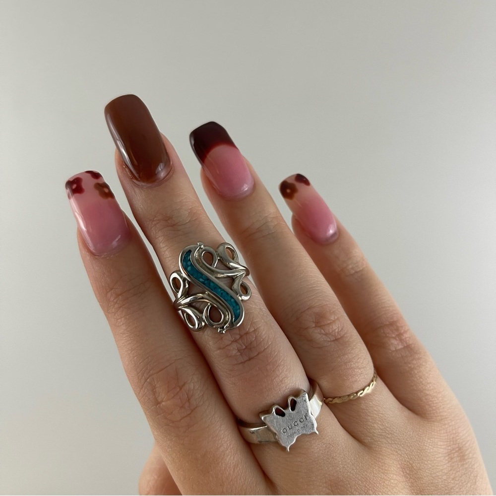 Vintage Turquoise Stone Blue Silver Swirl Design Statement Ring